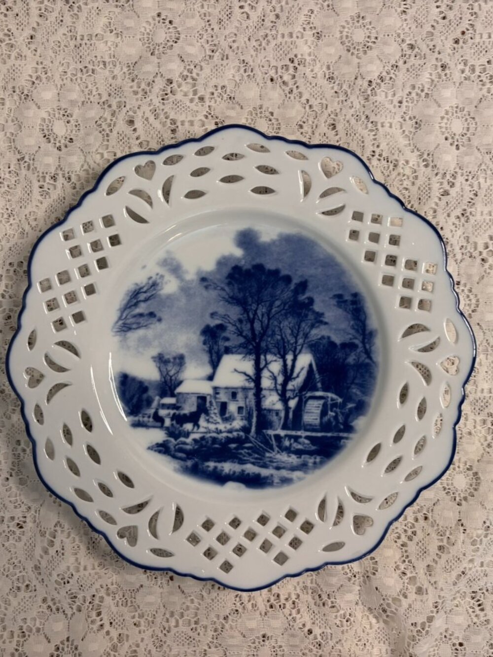 VTG Blue & White Reticulated Ribbon Plate Snowy Winter Homestead Mill Scene